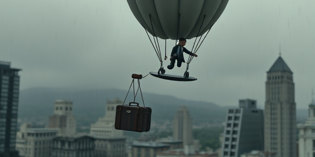 Una marioneta de un político con corbata, escapando en un globo aerostático con forma de maleta, mientras abajo, figuras abstractas de personas se desmoronan en un paisaje urbano gris y lluvioso. Estilo pictórico, colores apagados, atmósfera de desolación.