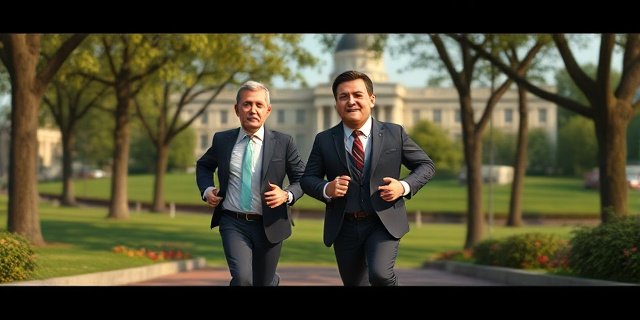 Un político y un empresario corriendo juntos en un parque, con un fondo de edificios gubernamentales
