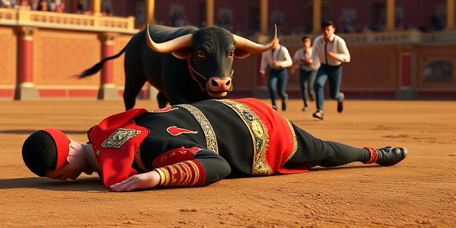 Un torero caído en el suelo, con un animal enfurecido detrás de él, y una cuadrilla que corre para ayudarle