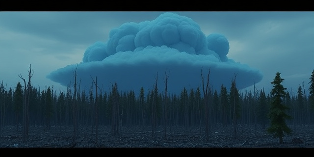 Una escena de un bosque siberiano devastado, árboles aplastados y una nube azulada sobre el horizonte, con una sensación de gran explosión sin crear un cráter visible, estilo realista y oscuro.