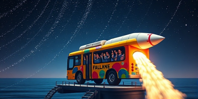 Una ilustración satírica de un cohete Falcon 9 transformado en un autobús urbano colorido y saturado, con decenas de pequeños satélites asomándose por las ventanas como pasajeros cansados. El cohete despega desde una plataforma costera hacia un cielo estrellado, con un estilo de arte conceptual digital, colores vibrantes y un toque de ironía visual.