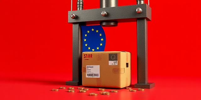 Una ilustración conceptual y satírica. Un paquete de cartón pequeño con etiquetas de envío internacionales siendo apretado por una prensa hidráulica gigante que tiene la bandera de la Unión Europea. De la prensa caen monedas de euro y pequeños trozos de tela de diferentes colores. Fondo minimalista, estilo editorial de revista económica, colores contrastados y sombras marcadas.