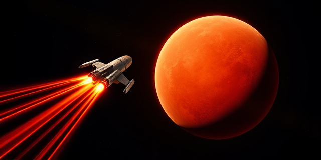 Una ilustración conceptual de una sonda espacial estilizada pasando a gran velocidad junto a un planeta rojo polvoriento, dejando una estela de luz cinética. Estilo de arte digital moderno, colores contrastados entre el naranja profundo del planeta y el negro absoluto del espacio, con un enfoque en la escala monumental del cosmos.