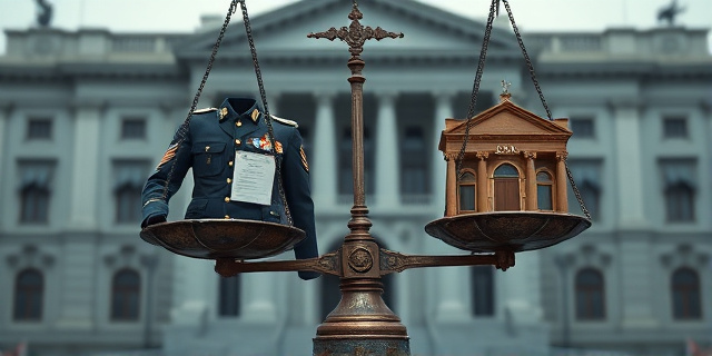 Una ilustración conceptual y satírica que muestre una balanza de justicia antigua y oxidada. En un plato, muy abajo y pesado, hay un uniforme de guardia civil con medallas y una hoja de papel que dice 