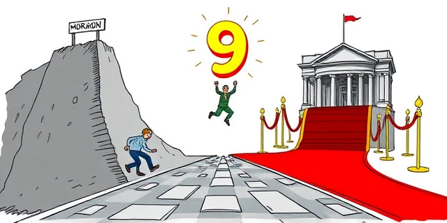 Una ilustración satírica al estilo caricatura editorial. Un camino que se divide en dos: un lado es una cuesta arriba empinada y gris con un cartel que dice 