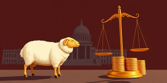 Una ilustración satírica estilo editorial de periódico. En primer plano, un contrato oficial gigante y dorado que se transforma en un cordero estilizado. De fondo, la silueta de un edificio gubernamental y una balanza de justicia desequilibrada por una pila de monedas de oro. Colores contrastados, sombras marcadas, estilo arte conceptual cínico.