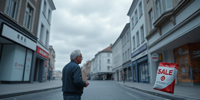 
  Una calle comercial vacía en una ciudad europea moderna, con persianas bajadas en el 70% de los locales de ropa. Solo quedan dos tiendas abiertas: una de marca internacional (logotipo minimalista) y otra de un pequeño comerciante con un cartel de 
