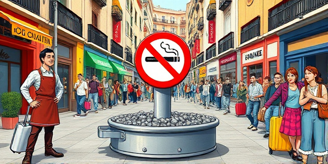 Una ilustración satírica de estilo editorial. Un cenicero gigante en medio de una calle transitada de una ciudad española, con una señal de prohibido fumar clavada en él. A los lados, un camarero con delantal mirando con ironía y una multitud de turistas con maletas confundidos. Colores vibrantes, estilo caricatura periodística moderna.