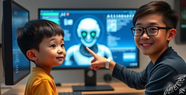 Un joven estudiante frente a una pantalla de computadora con un robot de IA en el fondo, mientras Jensen Huang sonríe y señala hacia la pantalla.