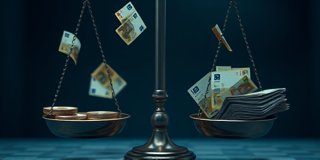 Una balanza de la justicia torcida, con billetes de euro cayendo de un lado y expedientes policiales borrosos del otro. Estilo pictórico dramático, con colores oscuros y contrastes fuertes. Texturas que sugieran manipulación y desgaste.