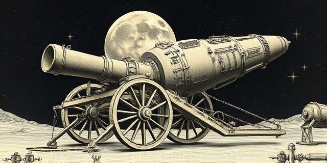 Una ilustración surrealista que combine un dibujo técnico victoriano de un cañón gigante de hierro con una cápsula espacial moderna de alta tecnología. El fondo es un cielo nocturno estrellado con una luna detallada. Estilo de grabado antiguo mezclado con renderizado digital hiperrealista, contrastando el bronce y el vapor con el titanio y el plasma.