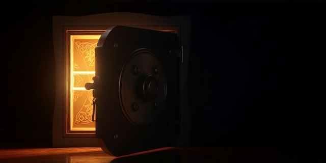 Imagen conceptual de una caja fuerte antigua, ligeramente abierta, con un resplandor de luz que emana de su interior, revelando un brillo sutil de joyas. El fondo debe ser oscuro y con textura de terciopelo, evocando un ambiente de misterio y secretos. Estilo pictórico, con pinceladas sueltas que sugieran movimiento y opulencia, pero sin mostrar detalles específicos de las joyas.