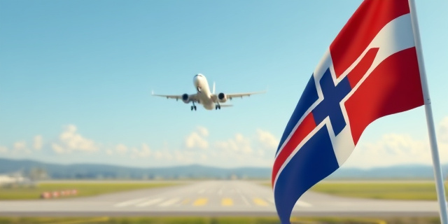 Una imagen de un aeropuerto con un avión despegando, mientras en el fondo se ve el paisaje del País Vasco, con una bandera vasca ondeando en primer plano.