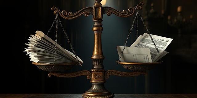 Imagen conceptual: Una balanza antigua, oxidada y desequilibrada, con fajos de billetes en un plato y documentos oficiales en el otro. El fondo, un laberinto oscuro y confuso. Estilo pictórico de Rembrandt, con fuertes contrastes de luz y sombra.