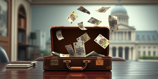 Una ilustración conceptual y satírica. Un maletín de cuero antiguo abierto sobre una mesa de oficina lujosa, del cual salen volando folletos de papel barato y billetes de euro. Al fondo, la silueta difuminada de un edificio gubernamental clásico bajo una luz cenital dramática. Estilo de dibujo editorial de periódico, con trazos definidos y colores sobrios.