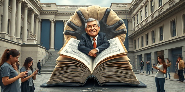 Una ilustración satírica y conceptual. Un enorme saco de dinero público abriendo un libro gigante que tiene una caricatura burlona de un político. Alrededor, jóvenes con actitud indiferente mirando pantallas de móvil, mientras el fondo muestra un contraste entre un entorno institucional lujoso y una calle cotidiana desgastada. Estilo editorial de revista periodística, colores contrastados, atmósfera irónica.