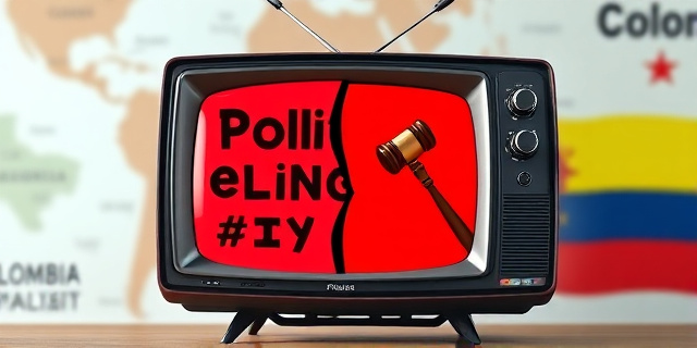 Una ilustración satírica de un televisor antiguo rompiéndose a la mitad. De un lado, colores rojos y símbolos de análisis político; del otro, un mazo de juez y colores institucionales colombianos. Fondo con un mapa de Colombia difuminado, estilo editorial de revista política, colores contrastados, sin texto.