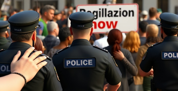 Imagen de un grupo de policías de espaldas con una multitud de personas de diferentes etnias al fondo, con una sensación de tensión y preocupación. Al fondo, un cartel con el lema 