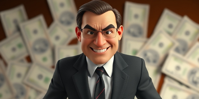 Una imagen de una persona con un traje y corbata, con un fondo de dinero y documentos oficiales, con una sonrisa sarcástica en su rostro