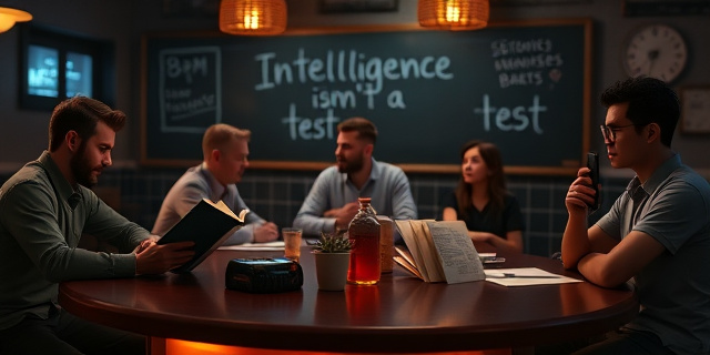 
  Una mesa de bar en un café de barrio a las 8 de la tarde. Cinco personas sentadas en círculo: una con un libro abierto (curiosidad), otra repitiendo una frase de motivación vacía mientras mira el móvil (frases de memes), un tercero interrumpiendo a los demás con risas forzadas (socialización caótica), una cuarta cruzando los brazos al escuchar un consejo (defensiva), y un quinto garabateando en un papel con números y gráficos de CI (datos duros). La luz es cálida pero artificial, como un documental de psicología mal editado. Al fondo, un pizarrón con la frase 