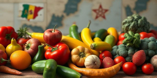 Una mesa de frutas y verduras vibrantes, pero con un aura sombría. Algunas piezas muestran signos de descomposición o están cubiertas de una niebla tóxica sutil. El fondo es una representación abstracta de mapas de España y Marruecos, difuminados y con colores contrastantes. Estilo pictórico, con pinceladas expresivas y una paleta de colores que evoca tanto la frescura como el peligro.