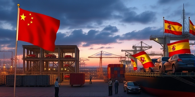 Un paisaje industrial español con una fábrica de coches parcialmente construida de estilo chino, trabajadores ensamblando vehículos, una gran bandera roja al viento y una bandera española a su lado, un barco de carga con autos a la vista, todo sin rostros individuales ni nombres de marcas, con luz tenue de atardecer.