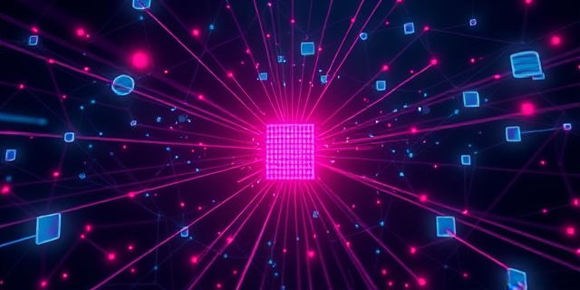 Representación abstracta de una red de conexiones digitales en tonos oscuros y neón, simbolizando el flujo de información y dinero ilícito. Formas geométricas interconectadas que sugieren complejidad y peligro, con un foco en un centro de datos brillante y amenazante. Estilo futurista y distópico, con toques de glitch art.