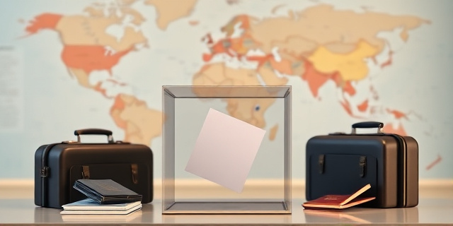 Una mesa de votación con una urna transparente, rodeada de maletas y pasaportes. La urna está ligeramente distorsionada, como vista a través del agua. Un mapa del mundo de fondo, difuminado y con colores pastel. Estilo pictórico, con pinceladas gruesas y expresivas. Iluminación dramática, con sombras alargadas.