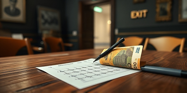 Una ilustración conceptual y satírica. Un examen oficial sobre una mesa de madera antigua, donde las respuestas correctas están siendo escritas por un fajo de billetes de euros en lugar de un bolígrafo. Al fondo, un sello oficial de gobierno borroso y una puerta de oficina abierta que muestra una salida de emergencia. Estilo editorial de revista, colores contrastados, atmósfera de misterio y corrupción administrativa.