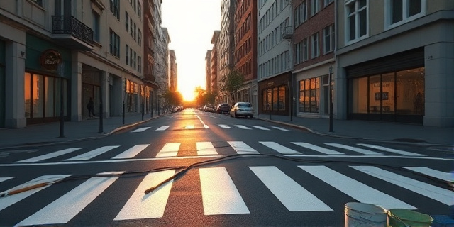 Una calle urbana con pasos de peatones recién pintados de blanco brillante, bajo una luz crepuscular. Unos pinceles y cubos de pintura derramados sugieren un trabajo a medio hacer. El ambiente es ligeramente irónico, casi surrealista, con sombras alargadas y una paleta de colores apagados.