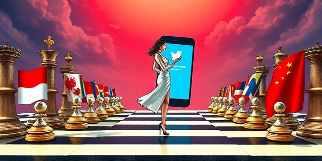 Una ilustración satírica de estilo editorial. Un tablero de ajedrez gigante donde las piezas son edificios gubernamentales y banderas internacionales. En el centro, una figura femenina elegante moviendo una pieza que representa un chip de computadora hacia una gran muralla china, mientras un teléfono inteligente muestra un tuit brillante en el fondo. Estilo de dibujo de prensa, colores contrastados, atmósfera de intriga diplomática.