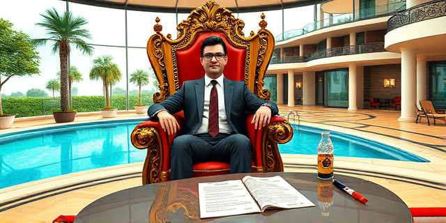 Una ilustración satírica al estilo editorial de periódico. Un hombre con traje moderno y gafas sentado en un trono hecho de libros de Marx y Lenin, pero el trono está ubicado dentro de una mansión lujosa con piscina. A su lado, una mesa con una cuenta de bar y un contrato de empresa privada. Colores contrastados, atmósfera de ironía social.