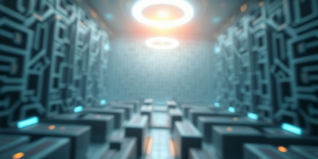 Representación abstracta de un laberinto digital con un halo de luz celestial en la parte superior, simbolizando la búsqueda de la ética en la inteligencia artificial. Tonos fríos y metálicos contrastando con un resplandor dorado sutil. Estilo futurista con elementos Barrocos.