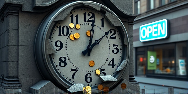 Una ilustración conceptual que muestre un reloj antiguo de pared alemán rompiéndose, donde los números del domingo se transforman en monedas de euro que caen. De fondo, una calle de Berlín con tiendas cerradas y un cartel de 