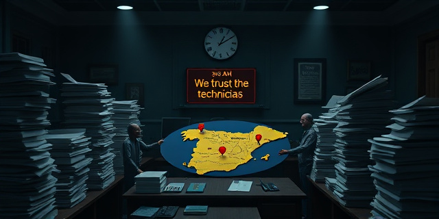
  Una oficina gubernamental en penumbra, con mesas de madera oscura y papeles apilados como torres de Jenga a punto de caerse. En el centro, un mapa de España con marcadores rojos sobre aerolíneas y fábricas, mientras figuras de cartón (etiquetadas como 