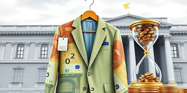 Una ilustración satírica de estilo editorial. Un traje de oficina hecho de billetes de euros colgado en un perchero dorado, con una etiqueta que dice 