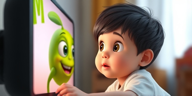 Un niño pequeño mirando una pantalla con un personaje verde lima, con una expresión de sorpresa y curiosidad en su rostro
