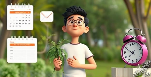 Una persona relajada en un entorno natural con una planta de ashwagandha en mano, rodeada de elementos que simbolizan el estrés y la ansiedad post-vacacional como un calendario con septiembre marcado, un correo electrónico en una pantalla y un reloj despertador sonando.
