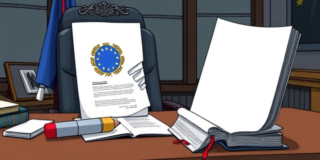 Una ilustración conceptual y satírica. Un escritorio de oficina gubernamental donde un documento oficial con el sello de la Unión Europea está siendo borrado parcialmente con una goma de borrar gigante. Al lado, un libro blanco vacío y transparente que flota, simbolizando la ausencia de contenido. Estilo de dibujo editorial de periódico, colores sobrios con contrastes fuertes, atmósfera de misterio y burocracia.