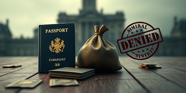 Una ilustración satírica y conceptual. Un pasaporte europeo elegante y dorado siendo intercambiado por una bolsa de dinero en una mesa de madera vieja y gastada. De fondo, una silueta de un edificio gubernamental difuso y un sello oficial de 
