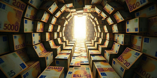 Un laberinto de billetes de euro, con una luz tenue que ilumina un camino oculto. El laberinto está construido con documentos oficiales y sellos de instituciones gubernamentales, pero con grietas y fisuras que sugieren corrupción y falta de transparencia. Estilo pictórico oscuro y realista, con toques de dramatismo.