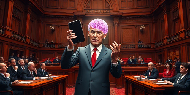 Una ilustración satírica de un hemiciclo parlamentario donde una figura política sostiene un smartphone gigante que proyecta un cerebro digital brillante, mientras los demás parlamentarios la miran con incredulidad. Estilo editorial de caricatura política, colores contrastados, atmósfera de absurdo institucional.
