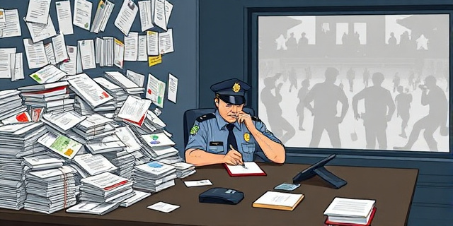 Una ilustración conceptual satírica. En un lado de la imagen, un escritorio burocrático gigante y gris, lleno de pilas infinitas de papeles y sellos, donde un policía uniformado está sentado escribiendo con un bolígrafo, aburrido. Al fondo, a través de una ventana, se ve una calle urbana caótica y borrosa con siluetas de conflictos. Estilo editorial de revista, colores contrastados, atmósfera de ironía institucional.