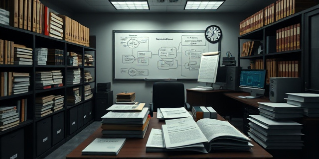 Una escena de un despacho gubernamental con estanterías llenas de carpetas y un escritorio cubierto de papeles, entre ellos cartas de recomendación y contratos. En el fondo, una pizarra con diagramas de software y una computadora con código abierto visible. La luz es tenue y el ambiente transmite una mezcla de burocracia y conspiración.