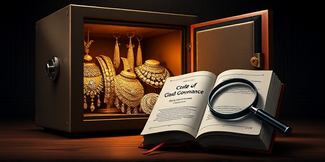 Una ilustración satírica de estilo editorial. Una caja fuerte antigua y pesada abierta en un despacho oscuro, de la cual desbordan collares de diamantes y joyas opulentas que brillan intensamente. Al lado de la caja fuerte, un libro de reglas titulado 
