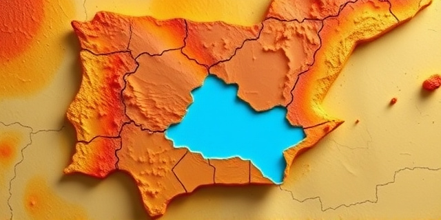 Un mapa de Andalucía fragmentado en pedazos de rompecabezas. El interior del mapa está dominado por tonos ocres y rojizos, representando la victoria del PP. En el exterior, una zona azul brillante emerge como un oasis, simbolizando el voto CERA del PSOE. El estilo debe ser realista pero con un toque surrealista, como una pintura al óleo expresionista.
