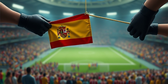 Una marioneta con la bandera de España atada a una cuerda, siendo jalada por manos invisibles con guantes de cuero. El fondo es un estadio de fútbol lleno de gente, pero todo es borroso y descolorido. Estilo: Pintura al óleo, colores oscuros y sombríos, con un toque de realismo mágico.