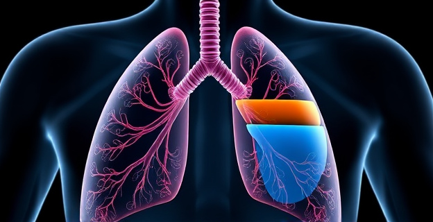 Imagen de un pulmón humano con representación visual de la tensión superficial y las capas de surfactante, mostrando cómo cambia con respiraciones profundas
