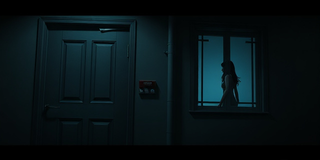 Una escena nocturna de un complejo urbano bajo luces tenues, con una puerta de metal cerrada y una ventana que deja ver una silueta femenina de espaldas, sin rostros visibles y sin textos, estilo artístico urbano y misterioso
