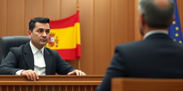 Una imagen de un juez sentado en un tribunal, con un testigo declarando en el estrado. El juez tiene una expresión seria y atenta, mientras que el testigo parece nervioso. Al fondo, se ven las banderas de España y la Unión Europea.